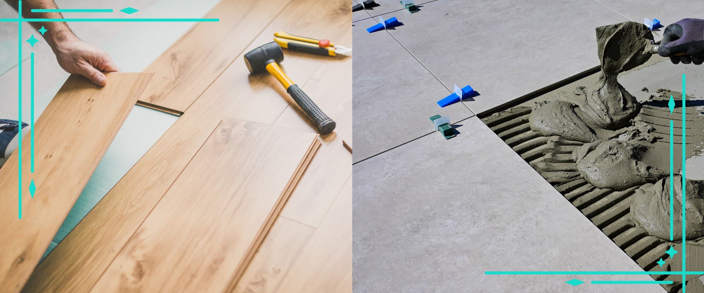 Realmax Interior services banner showing flooring installation and tiling work